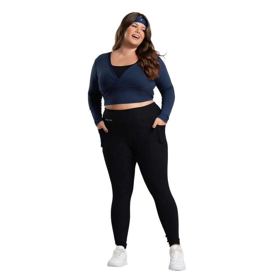 Casualizze Pilates Wrap Blouse, Cropped Top, V-Neck, Long Sleeves, Fitness Style, Tie Detail, Soft And Comfortable Viscose, One Size Fits Sizes 38 To 44 (Brazilian Sizes). - 藏蓝色 - 查看 1