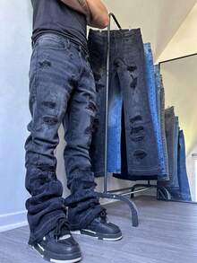 Men's Jeans Flared Jeans Men's Jeans Flared Pants Flared Pants Men's Skinny Pants Men's Slim Fit Pants, Distressed Flared Pants Patchwork Flared Pants - Black - View 1