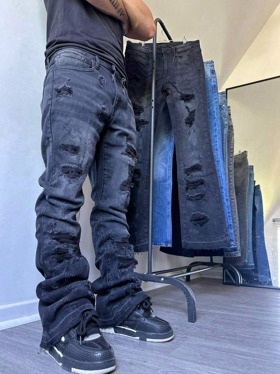 Men's Jeans Flared Jeans Men's Jeans Flared Pants Flared Pants Men's Skinny Pants Men's Slim Fit Pants, Distressed Flared Pants Patchwork Flared Pants - Black - View 1