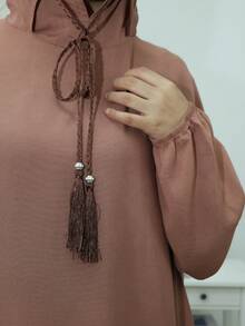 Women's Loose Brown Hooded Robe With Drawstring Tassel Detail, Long Bishop Sleeves, Elegant Woven Fabric - Brown - View 6