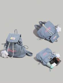 [Plaid Drawstring Backpack | Sweet & Cool Girl's Versatile Essential!]Drawstring Flap Design, Easy Opening And Closing, Ample Interior Space To Fit Your Water Bottle, Cosmetics And Snacks, Perfect For Commuting, School, Shopping, Traveling! No Pendant Included. - Multicolor - View 6