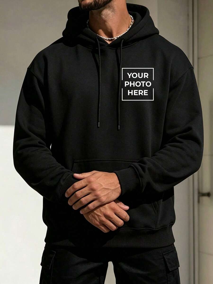 Custom Men's Hoodie, Multiple Text Options. Just Upload Your Image To Get Yours. Fashionable Choice, Create Your Unique Exclusive Hoodie. Whether For Yourself Or As A Gift For Friends, It's A Perfect Choice. - Black - View 1
