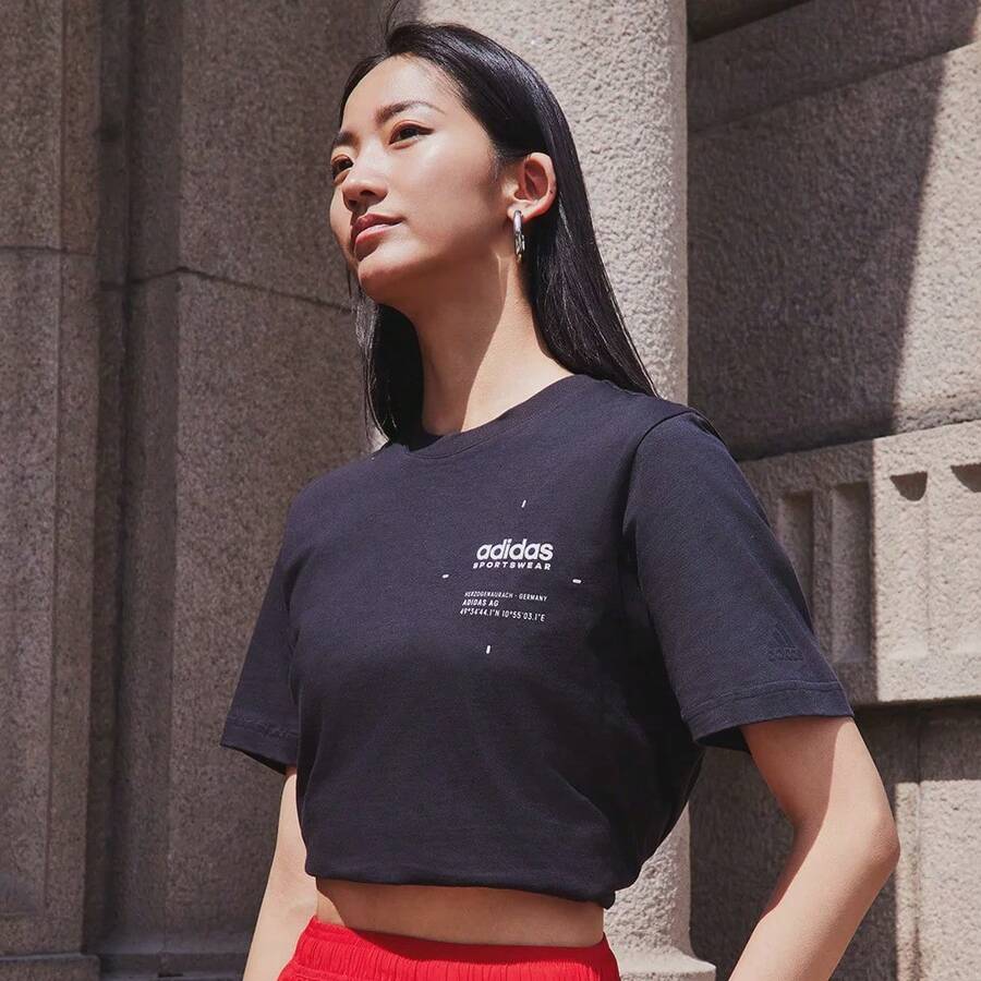 Adidas (ADIDAS) Small Linear Logo Tee Pure Cotton Sports Casual Short Sleeve Crew Neck T-Shirt JI9076 - Black - View 1