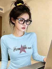 Early Autumn Star & Letter Print Unique T-Shirt For Women, American Street Style Round Neck Inner Layer Sky Blue Long Sleeve Top Casual - Sky Blue - View 5