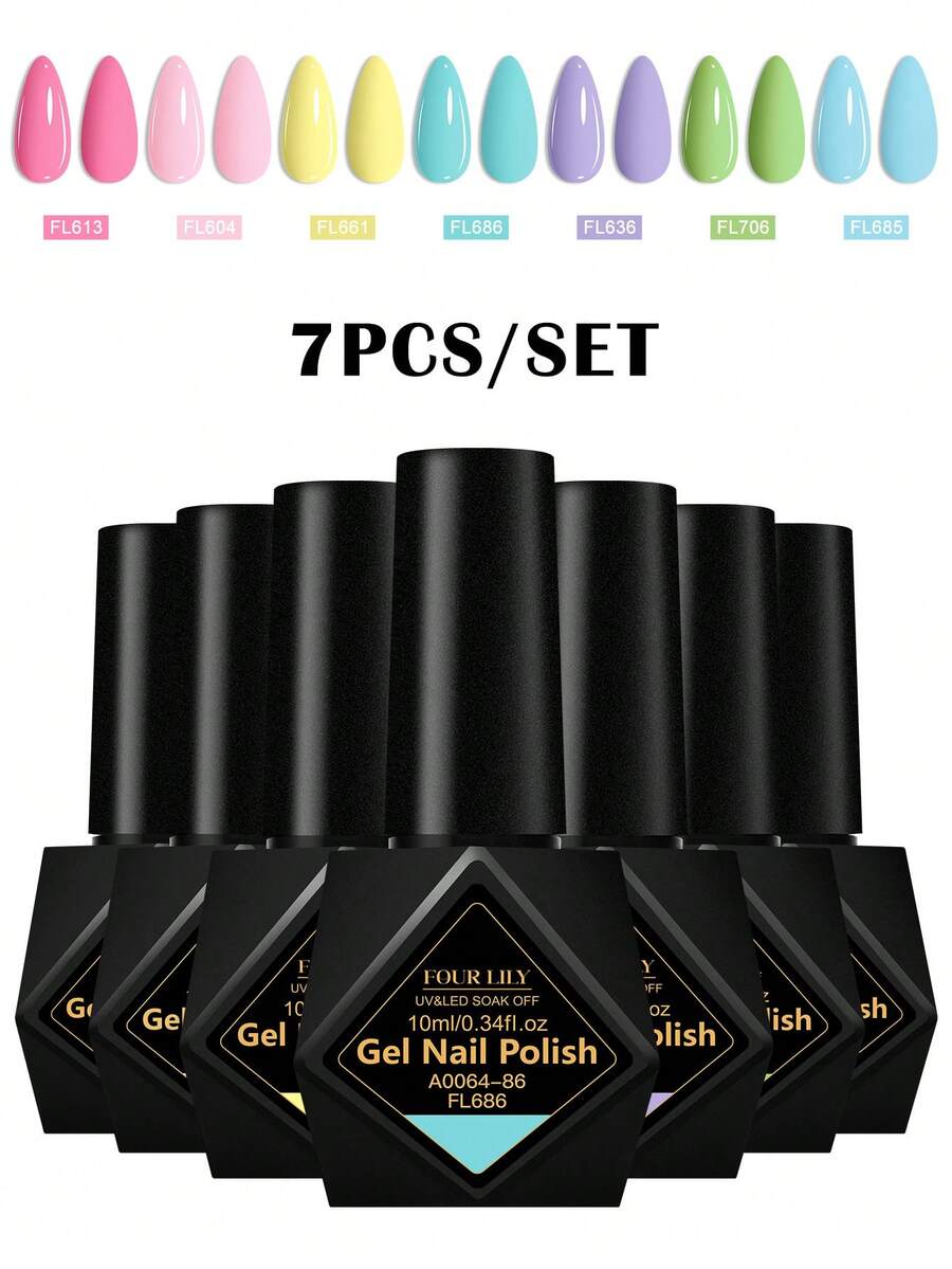 MSRUIOO 7件組 10ml 馬卡龍色系凝膠指甲油套組，甜美糖果風淺粉、黃、藍、紫、綠色調，夏季美甲，浸泡式卸除，UV固化，持久亮澤凝膠甲油，居家沙龍美甲用品