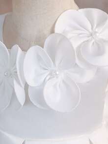 Baby Girls Asymmetrical Shoulder Solid Color Flower Beaded Bow Satin Elegant Birthday Party Dress, Suitable For Flower Girl Wedding, Headband Not Included - White - View 8
