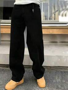 青少年男孩時尚休閒 Y2K 復古酷炫街頭風 開學季大學風 黑色寬鬆舒適極簡基礎牛仔長褲 - 黑色 - 查看 3