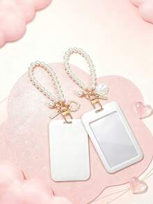 1 Macaron ABS Solid Color Push-Pull Card Holder With Pearl Chain And Pearl Shell Pendant. Student Wristband Card Holder, Student Wristband Women's Card Holder, ID Bus Protective Cover, Student Campus Card Protective Cover - A - View 5
