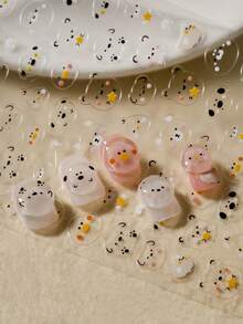 1pc Minimalist Cute 3D Nail Art Stickers, Transparent White Background Round Cartoon Nail Stickers With Blush Bear, Yellow Duck, Seal, Black Nose Puppy, Bow Bear, Star Animal Patterns, Transparent Light Color Palette, Suitable For Campus, Commuting, Daily Wear DIY Nail Art - Multicolor - View 4