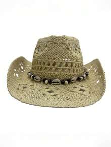 1 pieza Sombrero de paja estilo bohemio con diseño hueco de concha, sombrero de playa tipo vaquero, sombrero de paja tejido a mano puro, adecuado para vacaciones y fotografía - Caqui - Ver 7