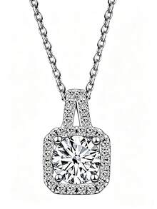 1 pieza Collar con colgante de plata de ley S925 para mujer, colgante de moissanita redonda de 1 quilate, joyería de boda y compromiso, accesorio de joyería adecuado para el uso diario de la mujer - Una pieza - Ver 8