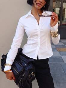Spring Summer Autumn Minimalist Casual Sexy Elegant Mature Lace-Up Waist-Cinching Lapel Daily Date Valentine's Day Commute Women's Shirt White - White - View 3