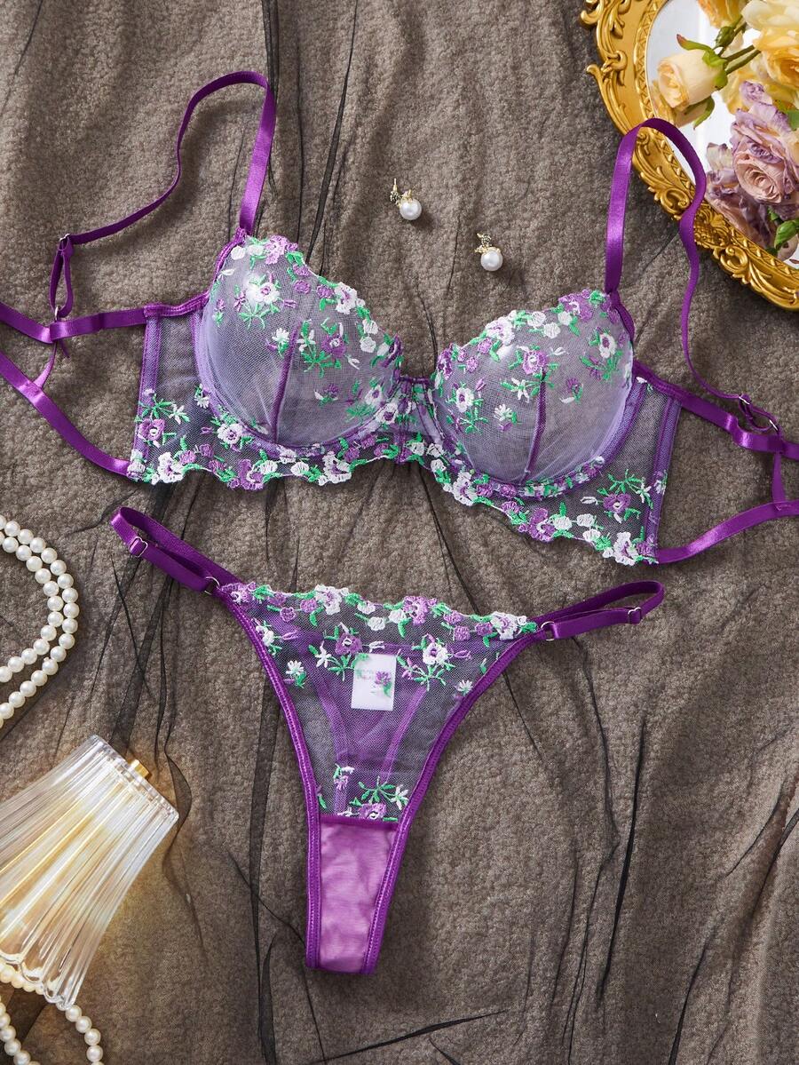 女款 2 件組紫色花卉刺繡透視網紗鋼圈內衣與丁字褲內衣套裝 - 紫色 - 查看 1