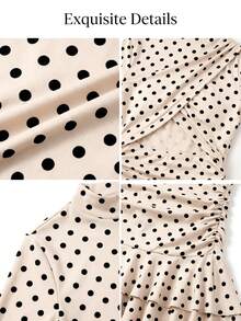 AIJ Gaun Mini A-Line Lengan Panjang Motif Polkadot untuk Wanita, Desain Kerah Tegak dengan Lipatan dan Rumbai Elegan, Gaya Vintage - Dasar warna aprikot dengan bintik-bintik hitam - View 8