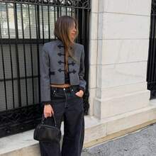 ZAHM 2026 Autumn/Winter New Chinese Style Frog Button Suit Jacket, Stand Collar Short Gray Coat - Grey - View 8