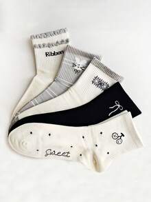1/5 Pairs Women's Cute Letter Bow Rabbit Short Socks, Soft & Breathable, Suitable For Commuting, Home Wear, Holiday Gifts - Multicolor - View 6