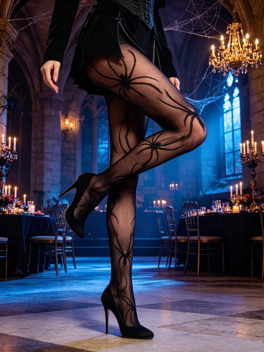 1 Pair Halloween Spider Pattern Pantyhose, Dark Gothic Style Sexy Hollow Out Black Stockings For Party - Black - View 1