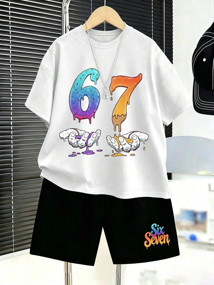 青少年男孩融化冰淇淋數位 67 印花圓領 T 恤 + 「SIX SEVEN」印花短褲,夏季新款舒適男孩套裝 - 白色 - 查看 1