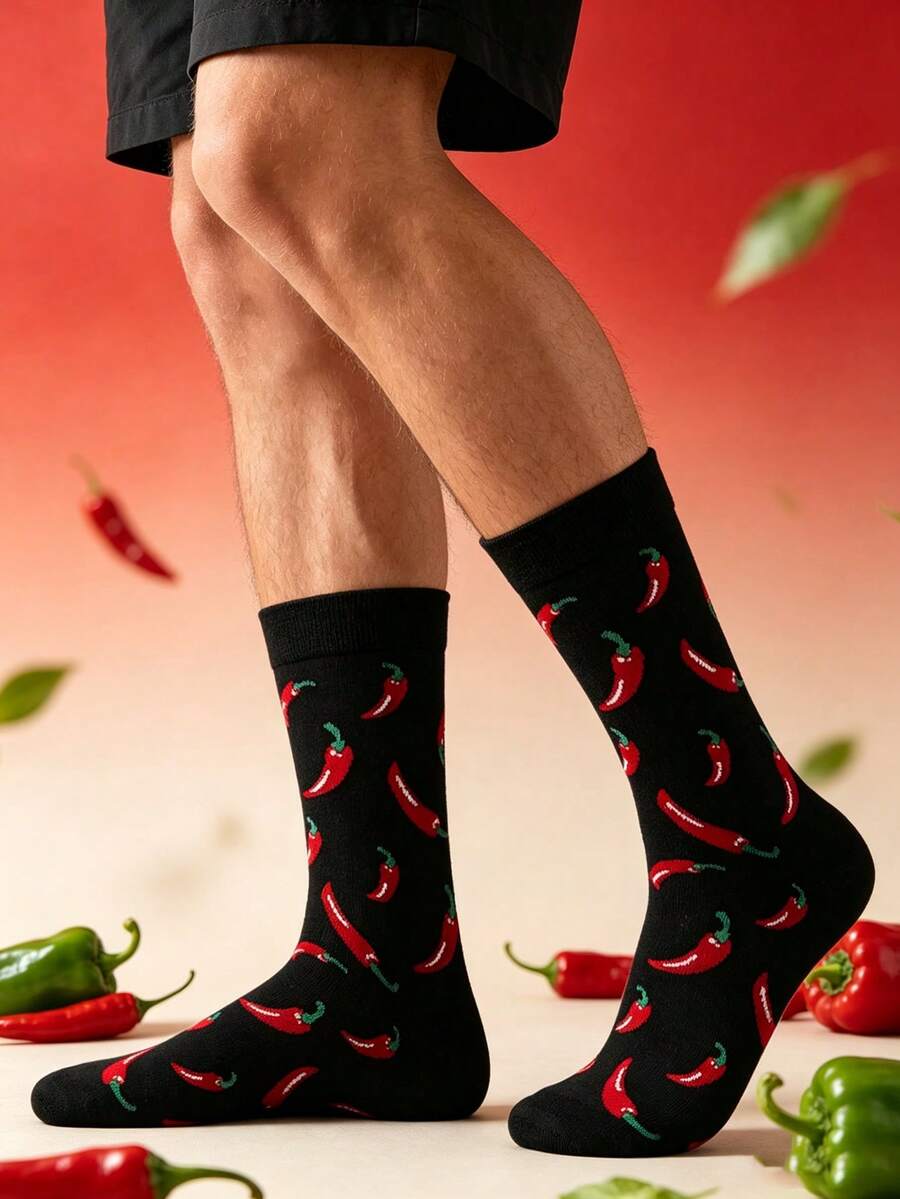 1pair Men Chili Pepper Pattern Mid-Calf Socks, Fall Socks - Multicolor - View 1