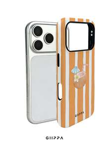 GIIPPA 1件 橘色條紋背景與椰子圖案設計，Phone 17 Pro Max 手機殼，相容於 Phone 16 Pro Max、15 Pro Max、14 Pro Max，韓系高端時尚趣味手機殼，相容於 11/12/13/14/15/16 Pro Max Plus，優雅設計適合男女，送給女友的完美禮物，適用於聖誕節、情人節、復活節、婚禮季節和生日！ - 橘色 - 查看 3