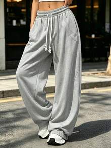 1pc Women's Autumn/Winter Minimalist Versatile Outdoor Walking Running, Daily Fitness Commuting Elastic Waist Curved Hem Design Sweatpants Sports - Light Grey - View 3