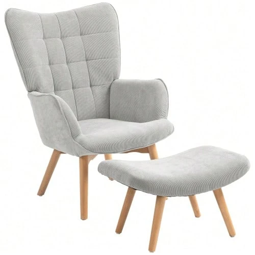 Wingback Armchair With Footrest, Lounge Chair, Padded Armchair With Corduroy Look, Lounge Chair, Armchair With Armrests And Wooden Legs, TV Armchair For Living Room, Grey - Grey - View 1