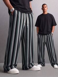 SU ER Men's Summer Striped Loose Drawstring Elastic Waist Casual Wide Leg Long Pants With Drape - Black - View 1
