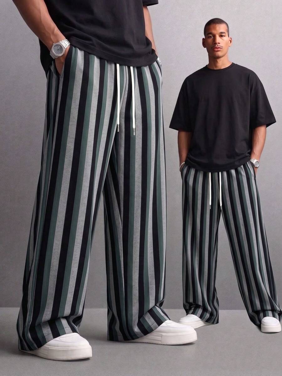 SU ER Men's Summer Striped Loose Drawstring Elastic Waist Casual Wide Leg Long Pants With Drape - Black - View 1