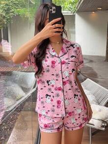 2pcs/Set Women's Halloween Ghost Pufferfish Bat Print Short Sleeve Top And Bow Shorts Pajama Set, Spring/Summer - Pink - View 5