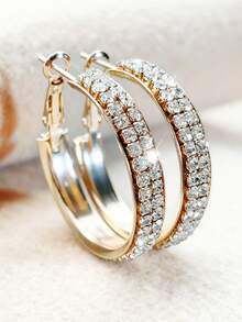 1 Pair Fashionable Exquisite C-Shaped Full Rhinestone Inlaid Double Row Rhinestone Hoop Earrings Shiny Bling Bling White Gold - Party Gift Holiday Daily - Gold - View 1