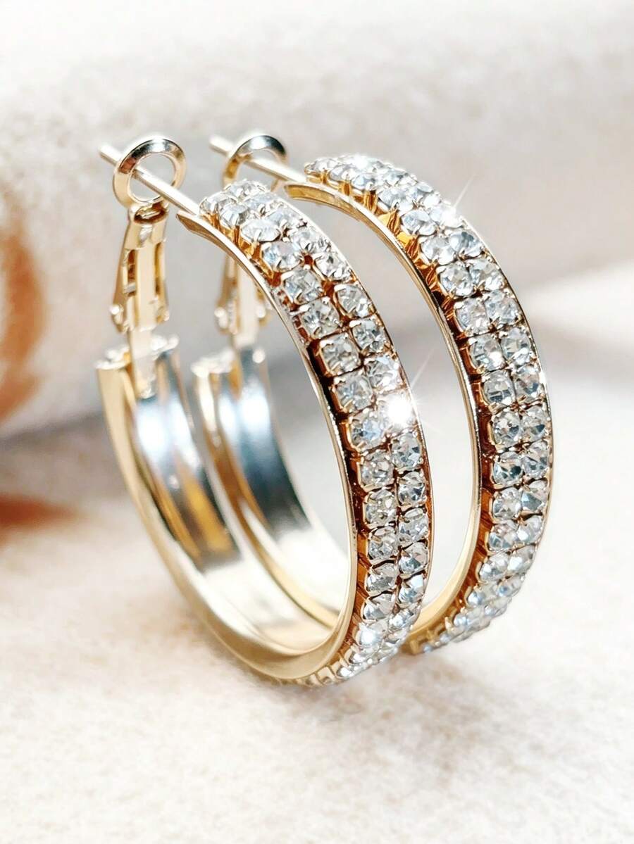 1 Pair Fashionable Exquisite C-Shaped Full Rhinestone Inlaid Double Row Rhinestone Hoop Earrings Shiny Bling Bling White Gold - Party Gift Holiday Daily - Gold - View 1