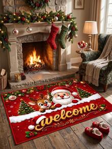1件裝聖誕門墊，Merry Christmas歡迎門墊，聖誕老人與馴鹿圖案，聖誕地毯，前門可水洗地墊，地板墊，聖誕派對裝飾，居家聖誕裝飾，冬季裝飾，聖誕裝飾 - 彩色 - 查看 3