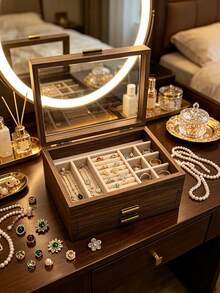 1pc Walnut Wood Multi-Layer Divided Jewelry Storage Box With Glass Visible Lid, Large Capacity Compartments, Luxury Vanity Table Home Use, Necklace Ring Earring Jewelry Dust-Proof Solid Wood Jewelry Box - Multicolor - View 3