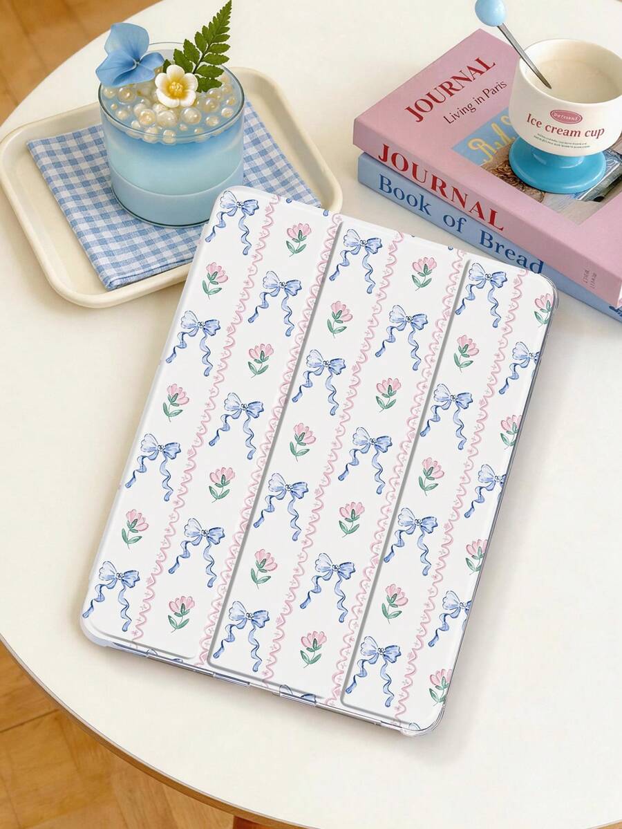 1件 藍色蝴蝶結粉色花朵波浪圖案平板保護殼,相容於 iPad Mini 4/5/6/7/Air/Air 2/9.7/10.2/10.5/10.9 (Air 4-Air 8)/Pro 11/10th Gen/A16/Pro 11 2024、Galaxy A8,彩繪圖案軟殼,三折支架,自動休眠/喚醒,內建筆槽,不含筆 - 彩色 - 查看 1