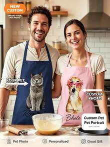 Personalized Pet Portrait Apron, Custom Dog Or Cat Photo Kitchen Apron, Fun Cooking Apron, Customized Image Apron, Pet Lover Pet Owner Home Chef BBQ Baking Kitchen Gift For Women Men Family Friends - Multicolor - View 1