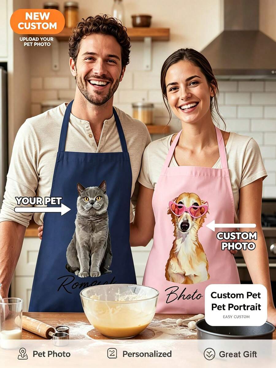Personalized Pet Portrait Apron, Custom Dog Or Cat Photo Kitchen Apron, Fun Cooking Apron, Customized Image Apron, Pet Lover Pet Owner Home Chef BBQ Baking Kitchen Gift For Women Men Family Friends - Multicolor - View 1
