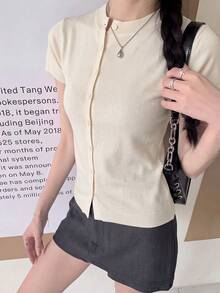 女款春夏休閒短袖修身日常穿著圓領薄款開襟衫 - 杏色 - 查看 5