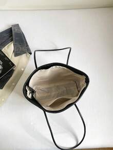 女款壓紋 PU 皮革托特包，大容量休閒日常手提包兼肩背包 - 黑色 - 查看 5