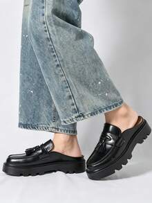 Black Tassel Loafer Mule Half-Slip-On Men's Backless Slip-On Shoes With Thick Serrated Platform Sole, Invisible Height Increase, British Street Style Spring/Summer Commute Versatile Slouchy Outdoor Sandals - Black - View 4