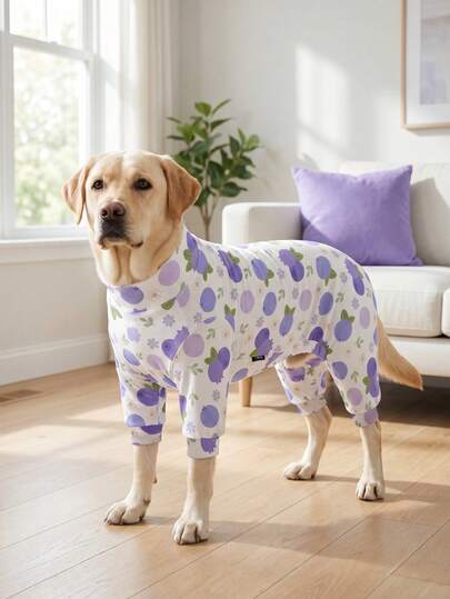 1PC Dog Shedding Hair Control Pajamas - Warm High Stretch Full Coverage Pet Rompers, Anti Licking & Bug Protective Jumpsuit For Small Medium Large Dogs, All Over Printing Dog Clothes - Cute Blueberry Pattern