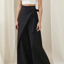 女款高腰寬腿褲，前綁腰帶與腰帶設計，不對稱腰線寬腿褲黑色 - 黑色 - 查看 2