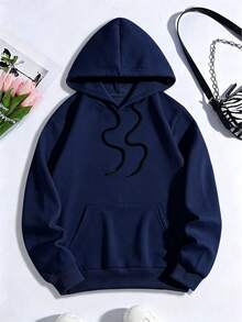 女士纯色卫衣，轻薄无绒面料，户外休闲套头衫，带抽绳连帽，柔软舒适，适合远足、日常休闲运动穿着。 - 藏蓝色 - 查看 3
