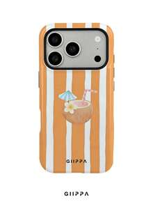 GIIPPA 1件 橘色條紋背景與椰子圖案設計，Phone 17 Pro Max 手機殼，相容於 Phone 16 Pro Max、15 Pro Max、14 Pro Max，韓系高端時尚趣味手機殼，相容於 11/12/13/14/15/16 Pro Max Plus，優雅設計適合男女，送給女友的完美禮物，適用於聖誕節、情人節、復活節、婚禮季節和生日！ - 橘色 - 查看 1