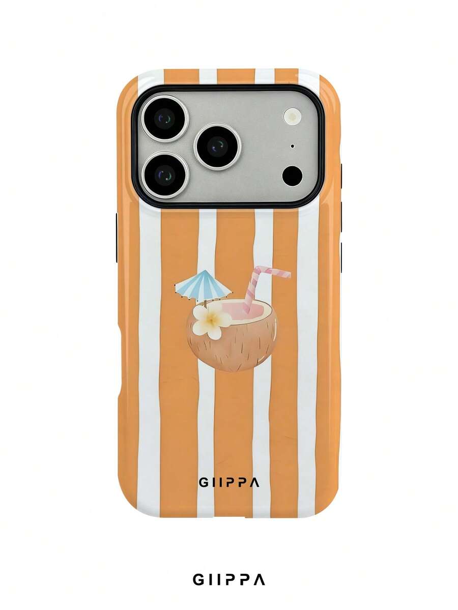 GIIPPA 1件 橘色條紋背景與椰子圖案設計,Phone 17 Pro Max 手機殼,相容於 Phone 16 Pro Max、15 Pro Max、14 Pro Max,韓系高端時尚趣味手機殼,相容於 11/12/13/14/15/16 Pro Max Plus,優雅設計適合男女,送給女友的完美禮物,適用於聖誕節、情人節、復活節、婚禮季節和生日! - 橘色 - 查看 1