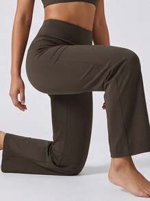 Never me Celana Olahraga Wanita Polos dengan Kontrol Perut, Potongan Lurus, Celana Lari, Komuter, Serbaguna, Kasual, Potongan Lebar - Chocolate Brown - View 9