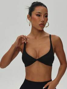 Women's Solid Color Removable Padded Twist Back Knit Sports Bra, Black - Black - View 4