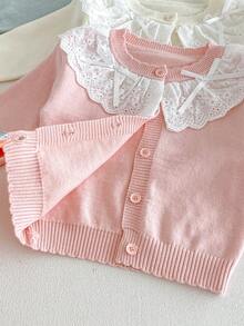 Baby Girl Pink Lace Collar Bow Knitted Cardigan, Soft And Gentle Long Sleeve Outerwear Sweater For Spring And Autumn - Pink - View 3