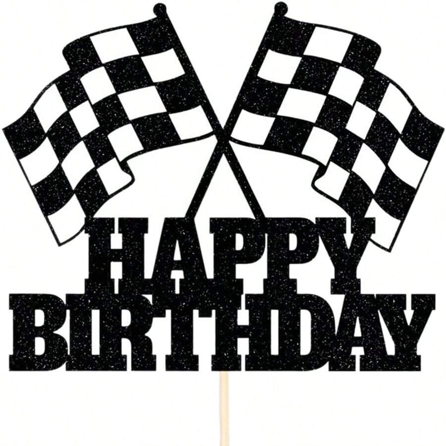 Universal 1pc Shiny Racing Cake Decoration Card With Checkered Flag, Racing Themed Birthday Party Decoration Supplies - Multicolor - View 1