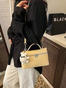 Dedoo 1件純色荔枝紋PU方形斜挎包 女款小錢包 日常時尚百搭款 奶油黃女包（吊飾隨機款式） - 黃色 - 查看 5