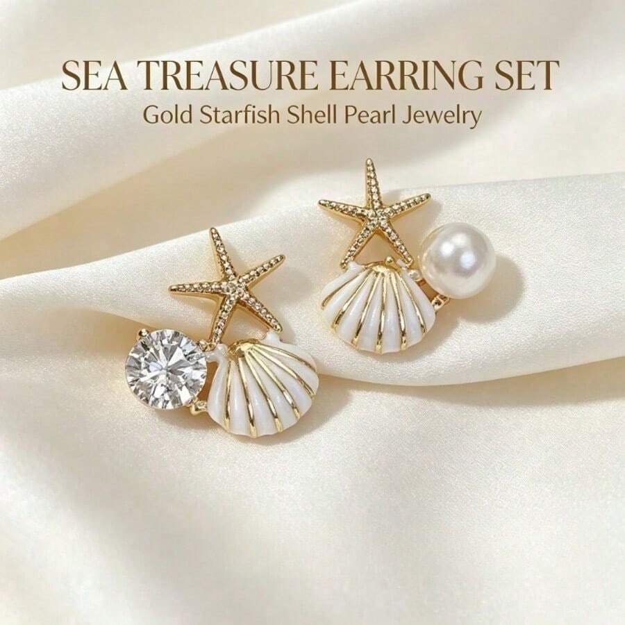 1 Pair Starfish Shell Stud Earrings, Luxury Niche High-End Versatile Dreamy Pink Starfish Earrings - Starfish Shells - View 1